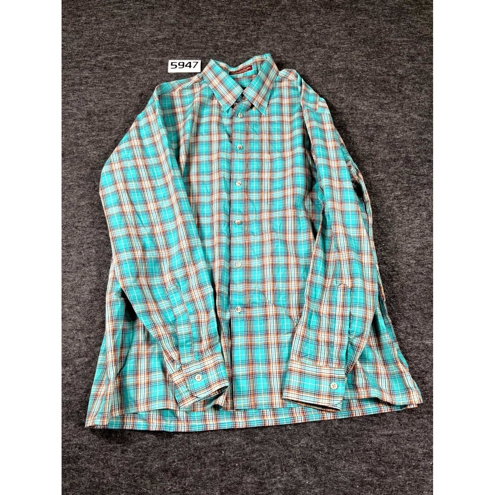 Van Heusen 417 Shirt Mens Large Teal Blue Plaid Cotton Long Sleeve Button‎ Down